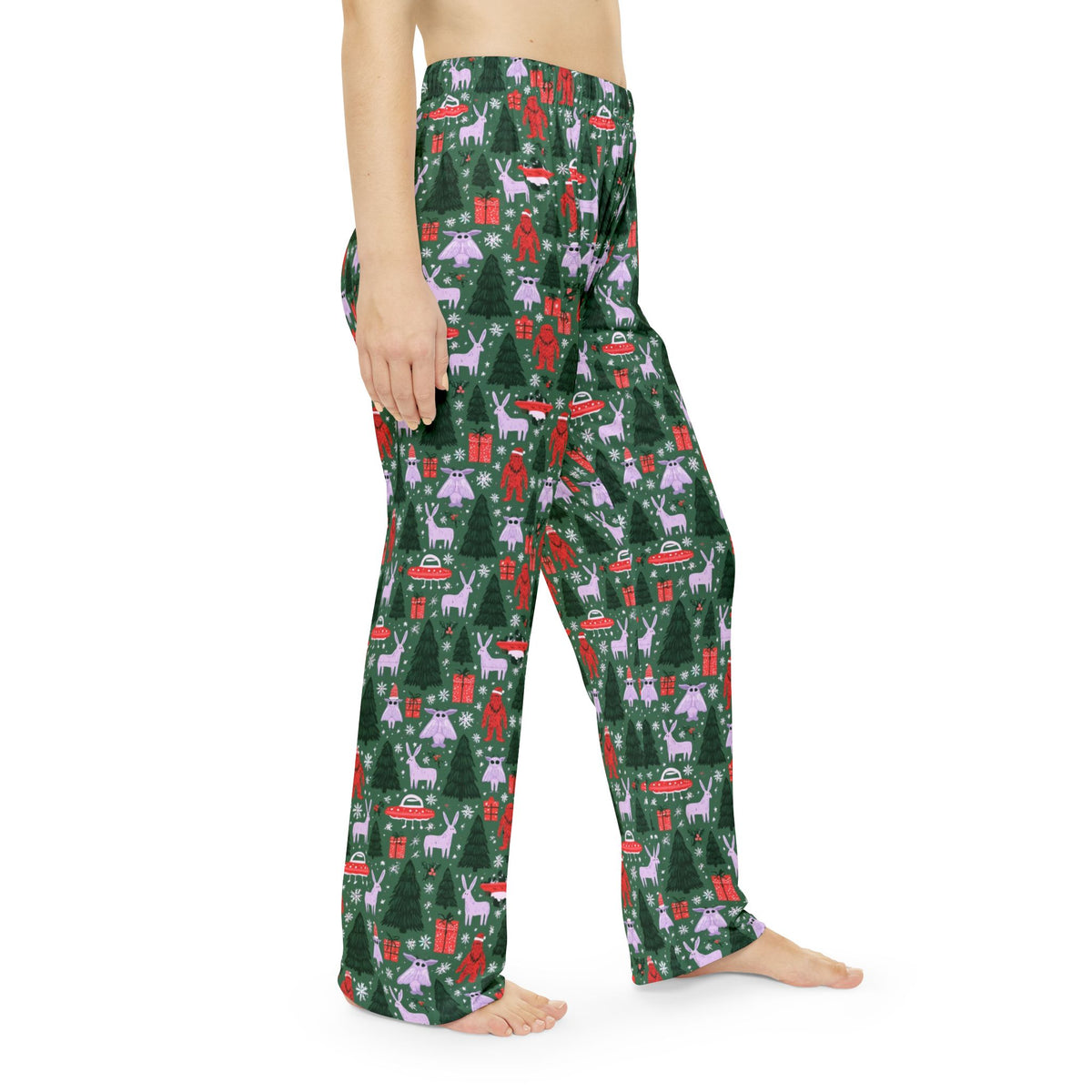 Whimsical Cryptid Christmas Pajama Pants | Bigfoot UFO Print