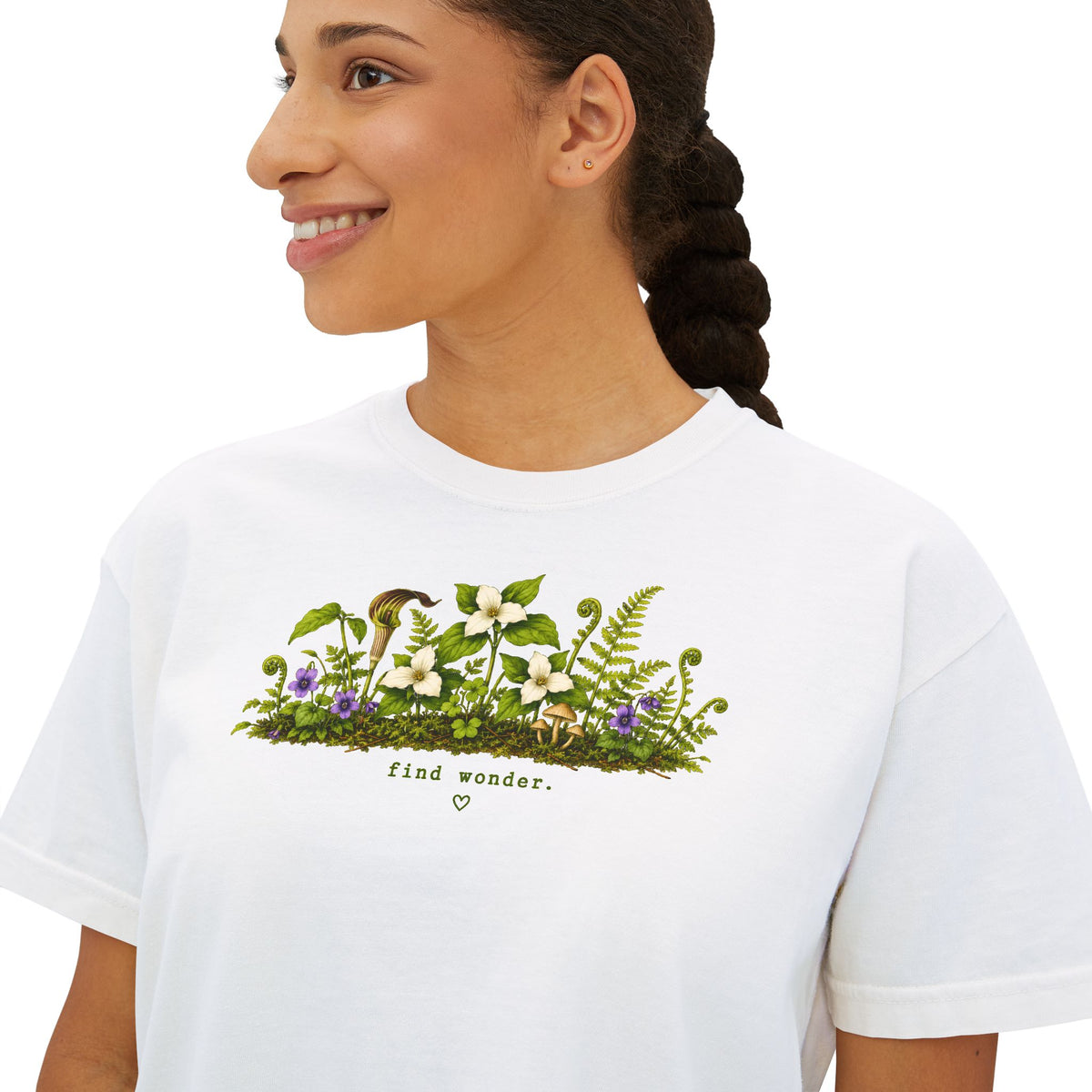 Find Wonder Boxy Tee | Woodland Wildflower Shirt | Cottagecore Mushroom Graphic Tee | Women's Relaxed Cropped Nature Shirt
