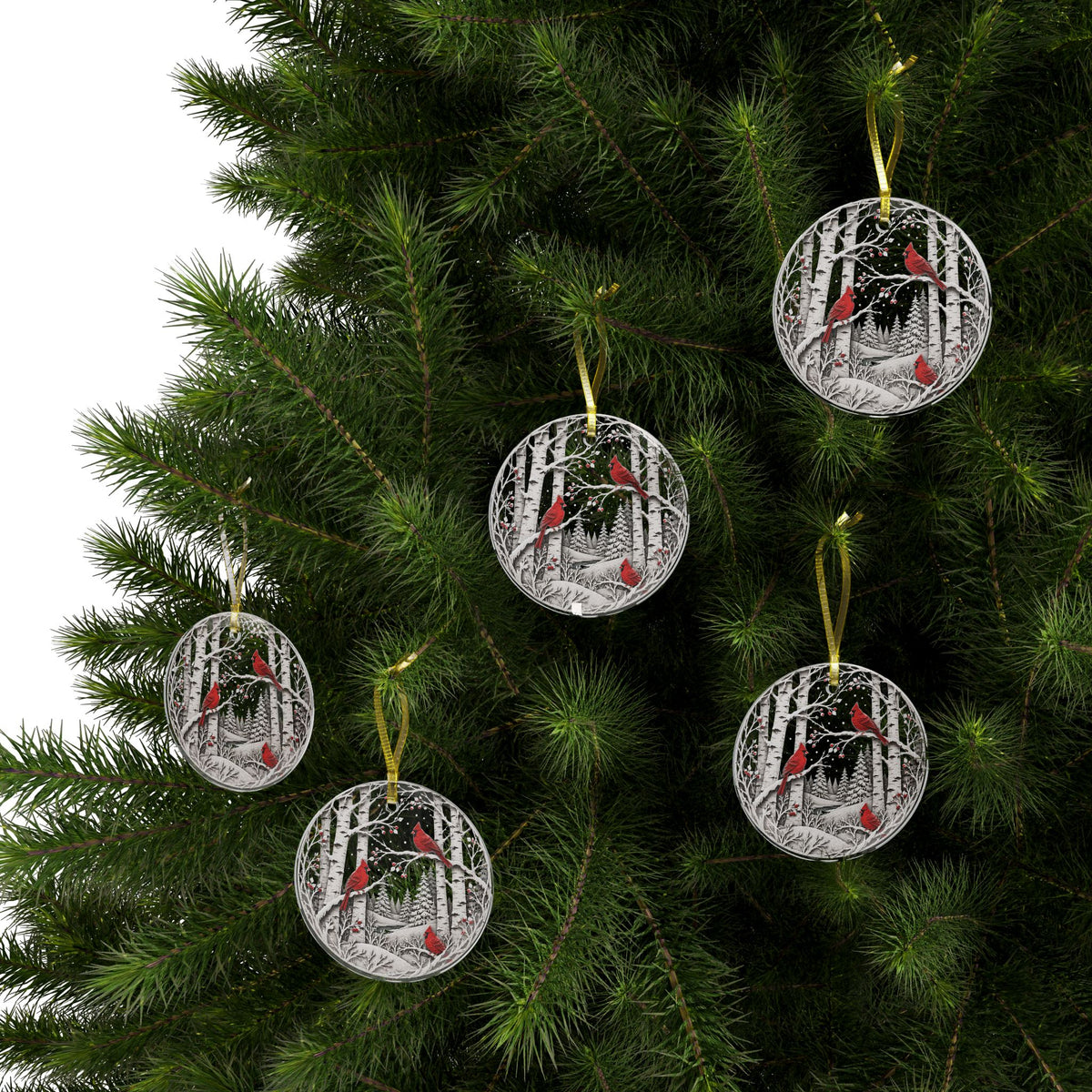 Winter Cardinals Ornament | Layered Birch Forest Christmas Tree Decoration | Nature Lover Holiday Gift