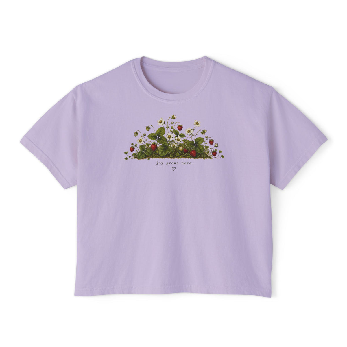 Joy Grows Here Boxy Tee | Strawberry Blossom Cottagecore Shirt | Cute Women's Cropped Relaxed Graphic Tee