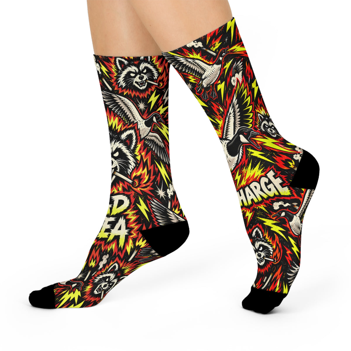 Crazy Goose & Raccoon Crew Socks, Full Charge Bad Idea Graphic Socks, Punk Wildlife Socks, Funny Animal Gift