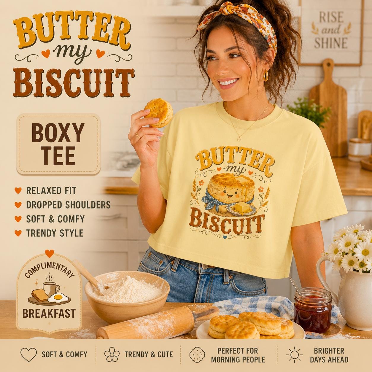 Butter My Biscuit Tee | Retro Smiling Biscuit Character Boxy Top