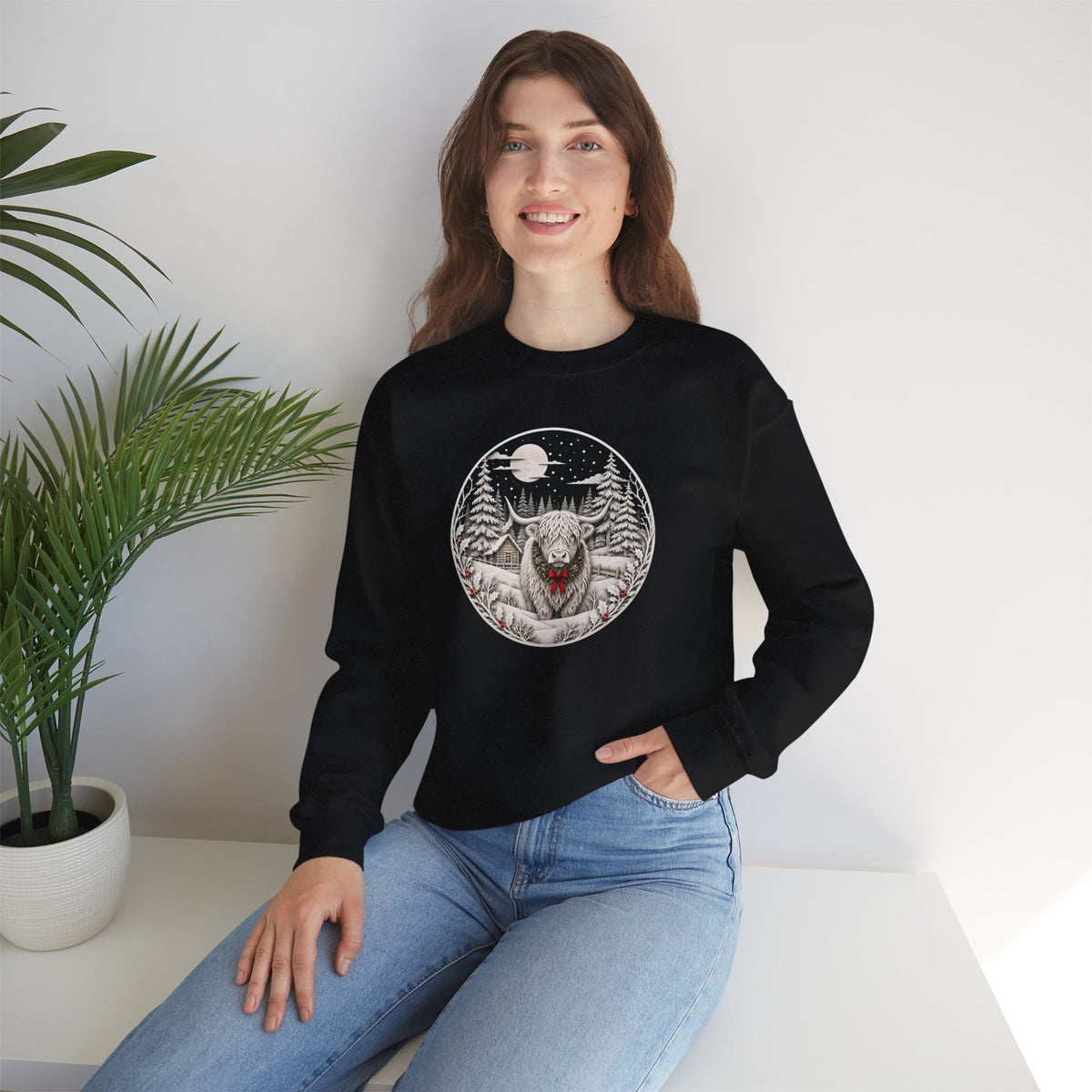Christmas Highland Cow Sweatshirt, Winter Highland Cow Crewneck, Cozy Christmas Cow Sweatshirt, Rustic Holiday Sweatshirt