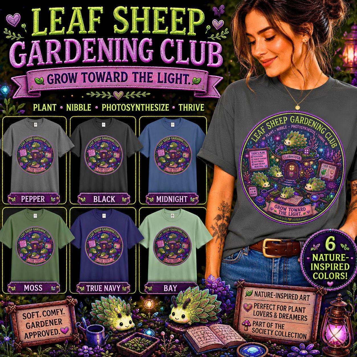 Leaf Sheep Gardening Club T-Shirt | Whimsical Sea Slug Nature Tee, Botanical Graphic Shirt