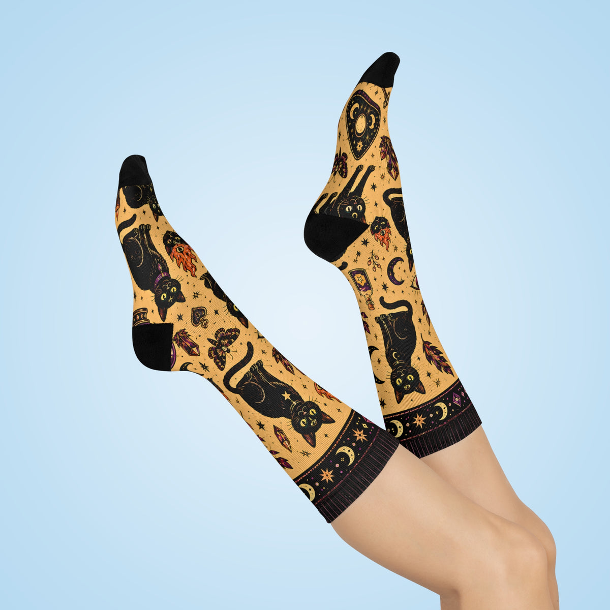 Black Cat Pattern Cushioned Crew Socks | Witchy Moon and Flame Motifs