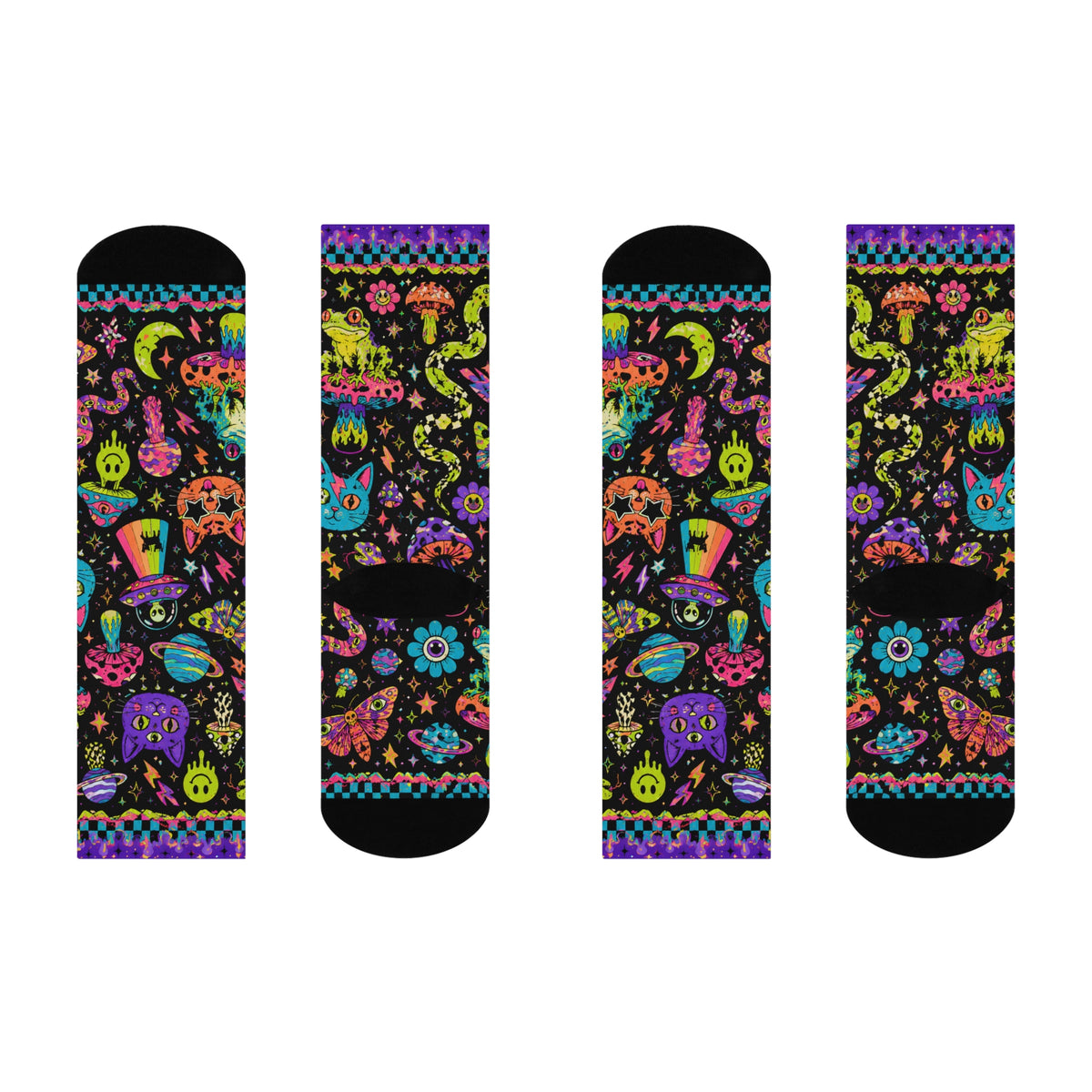 Neon Cosmic Cats Cushioned Crew Socks | Psychedelic Space Pattern