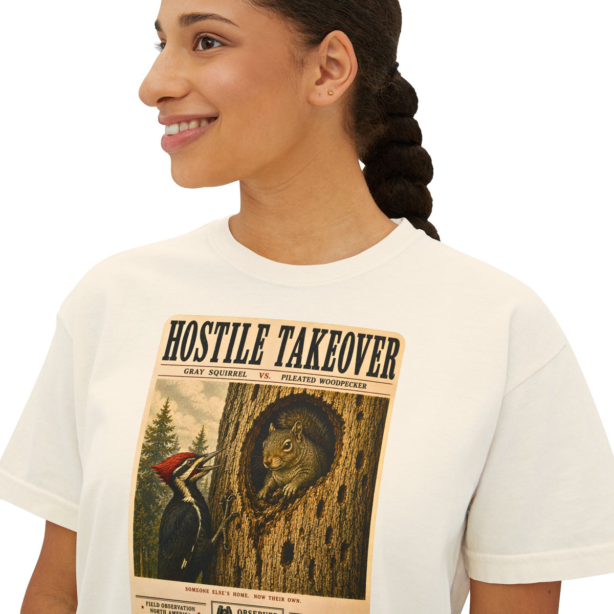 Hostile Takeover Boxy Tee | Woodpecker & Squirrel Shirt | Funny Birdwatching Graphic Tee | Vintage Nature Poster | Wildlife Gift