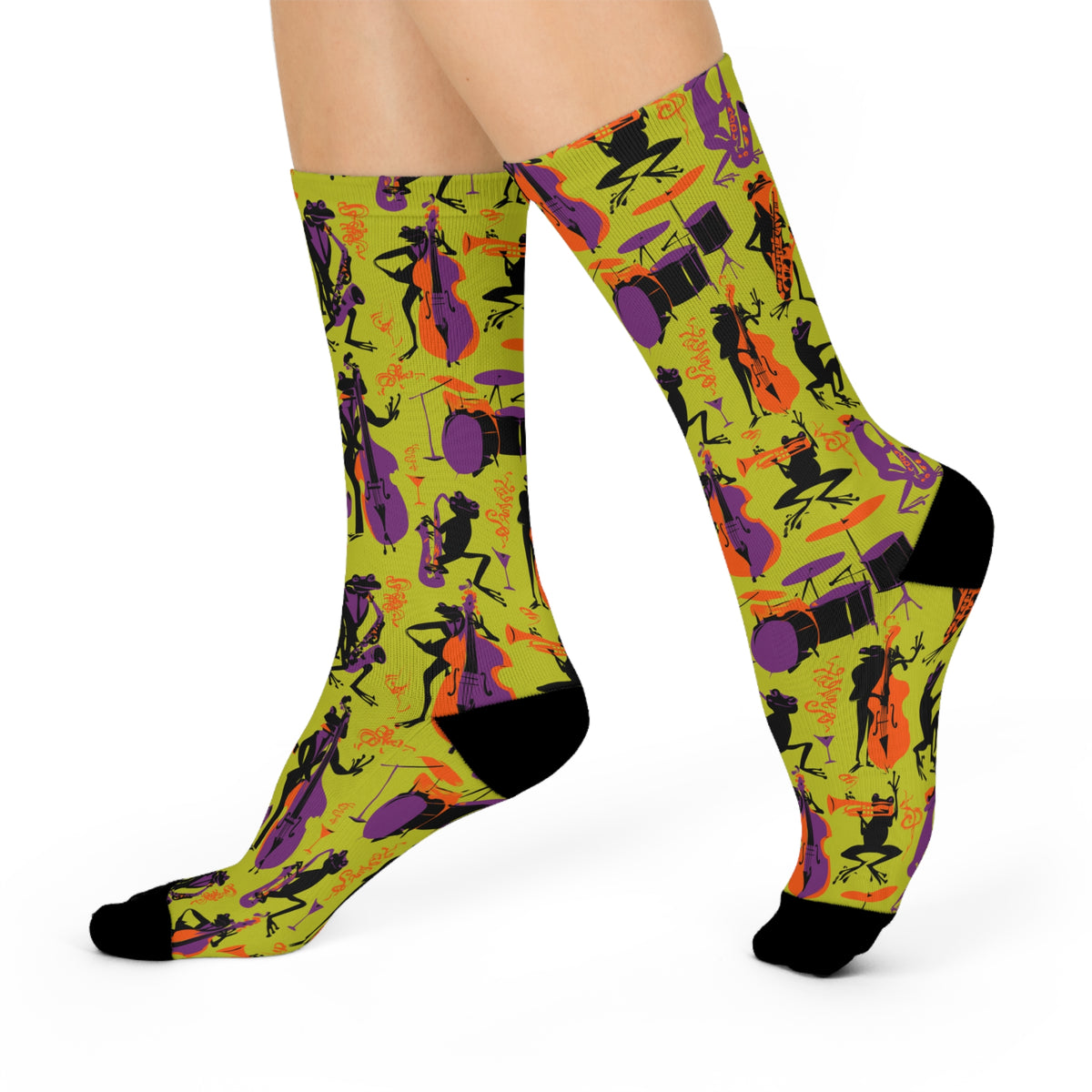 Jazz Frog Crew Socks | Purple Saxophone Band Retro Print