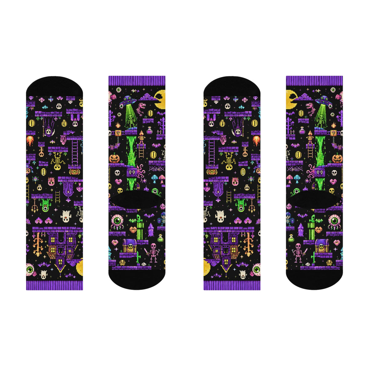 8-Bit Halloween Crew Socks | Retro Pixel Art Spooky Socks | Ghost Skeleton Haunted House UFO Gamer Socks | Neon Gothic Cushion Crew Socks