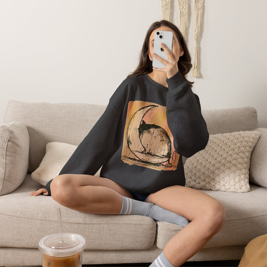 Sketch Moon Cat Crewneck Sweatshirt | Celestial Cat Illustration