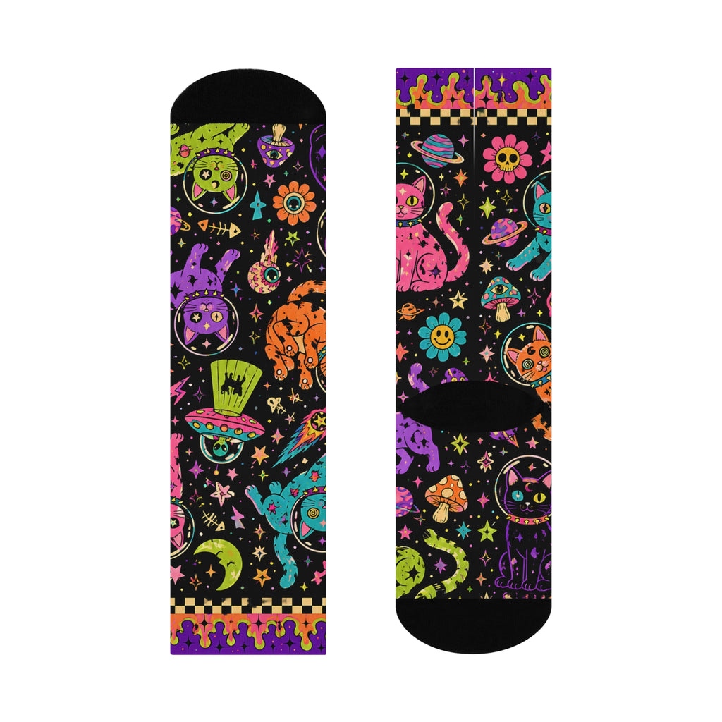 Neon Space Cats Crew Socks | Alien Cat Astronauts, Planets & Stars