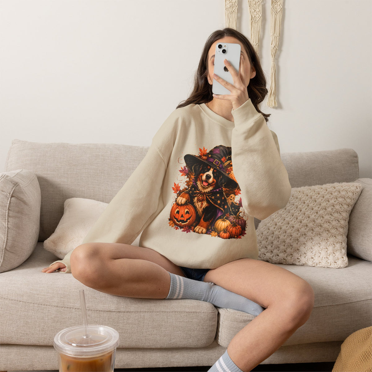 Halloween Witch Dog Sweatshirt | Pumpkin, Jack-o'-Lanterns, Autumn Leaves