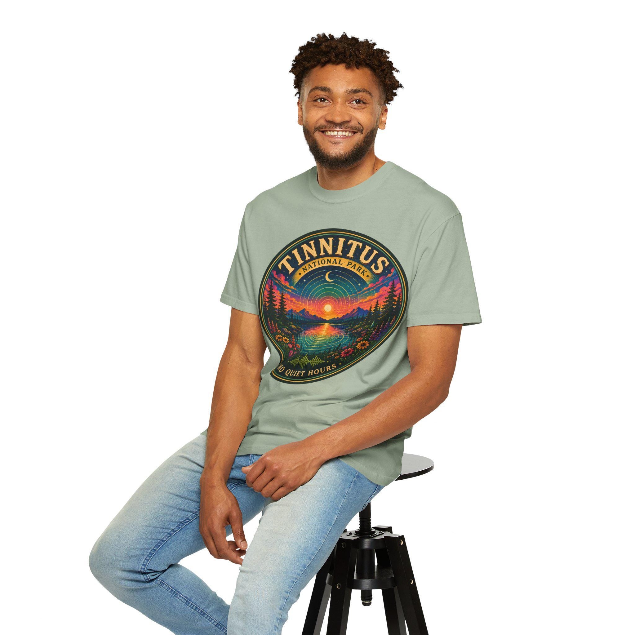 Tinnitus National Park badge sunset landscape T-shirt | No Quiet Hours graphic tee