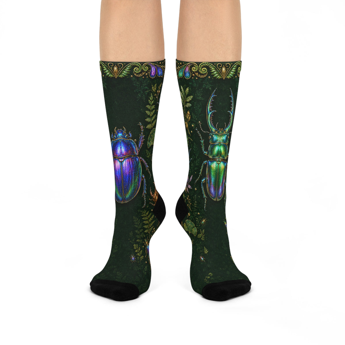 Iridescent Beetles Cushioned Crew Socks | Bug Pattern, Dark Green