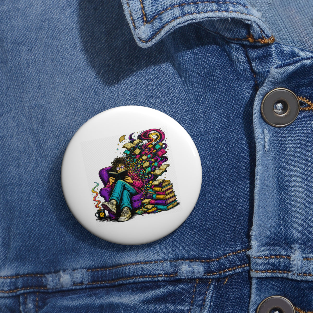 Girl Reading with Colorful Imagination Pin Button | Bookstack Illustration