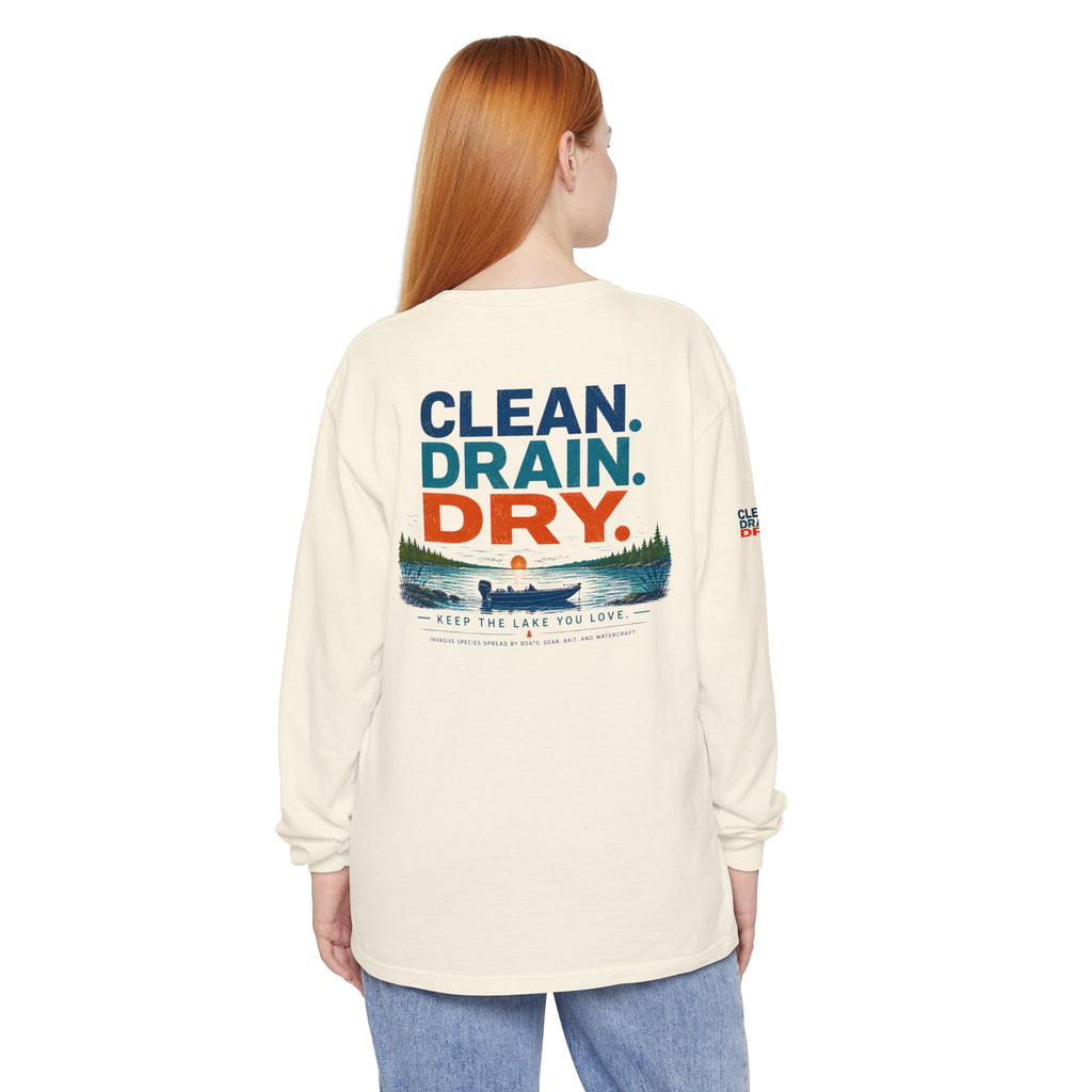 Long Sleeve Tee — "Clean. Drain. Dry." Lake Conservation Shirt