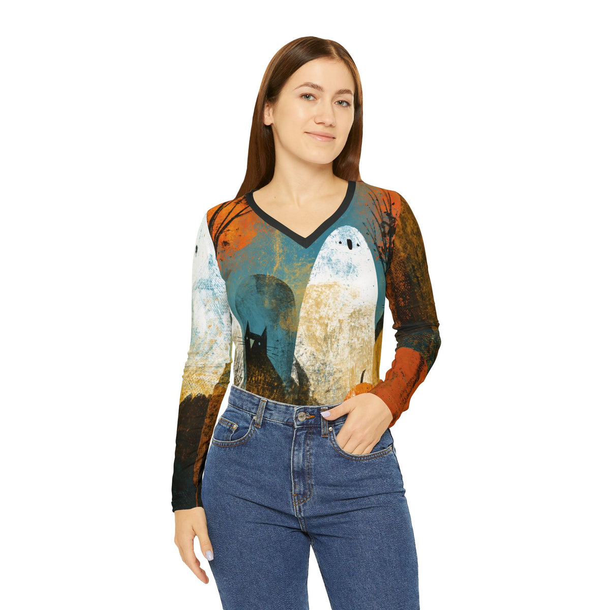 Ghost Cat Harvest Long Sleeve Shirt, Halloween Ghost & Black Cat V Neck Top, Retro Fall Art Shirt, Spooky Autumn AOP Tee