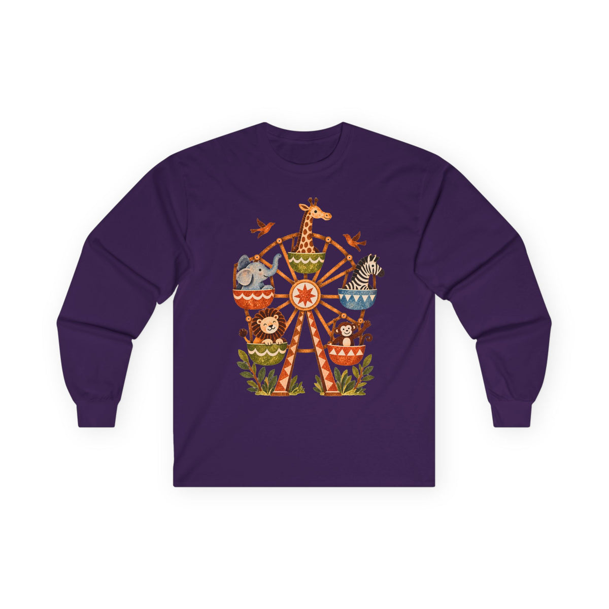 Vintage Safari Ferris Wheel Long Sleeve Shirt, Whimsical Zoo Animal Tee, Retro Storybook Graphic, Unisex Animal Lover Gift