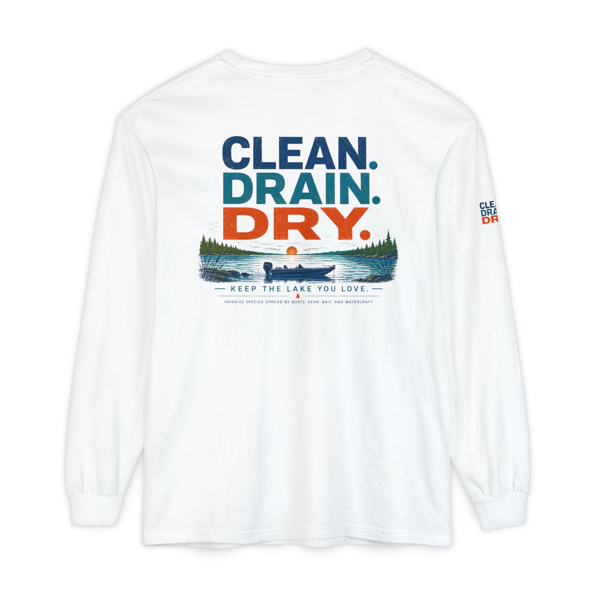 Long Sleeve Tee — "Clean. Drain. Dry." Lake Conservation Shirt