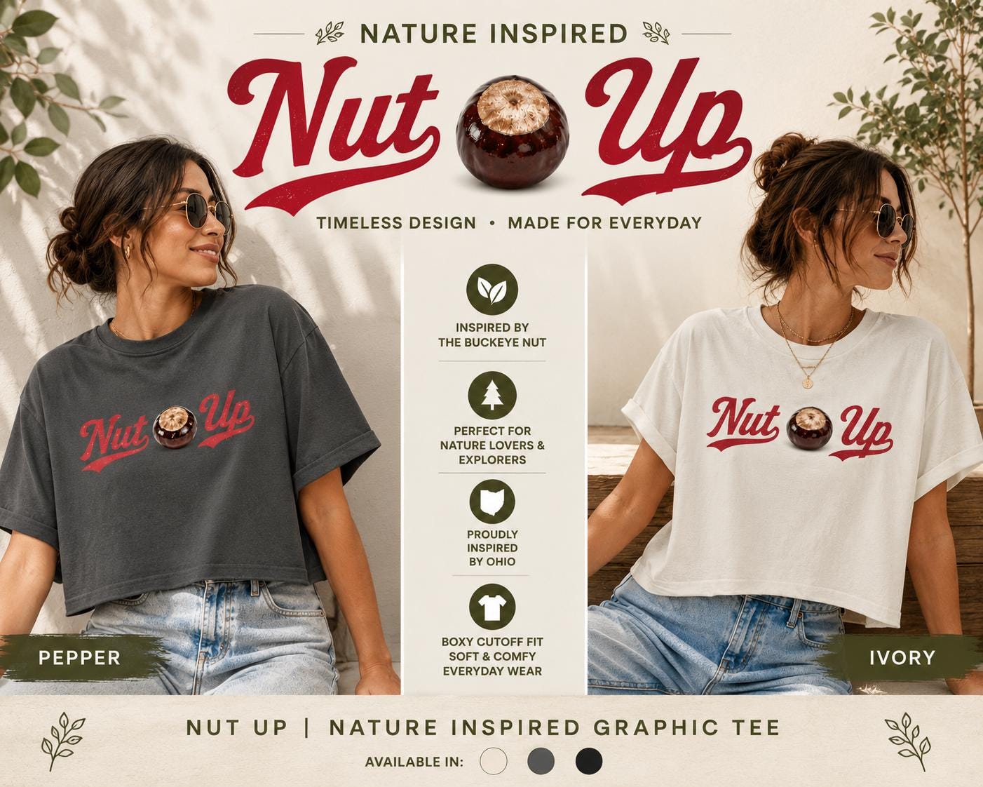 Buckeye Nut Graphic Boxy Tee | Ohio Inspired Nature Shirt, Vintage Script T-Shirt
