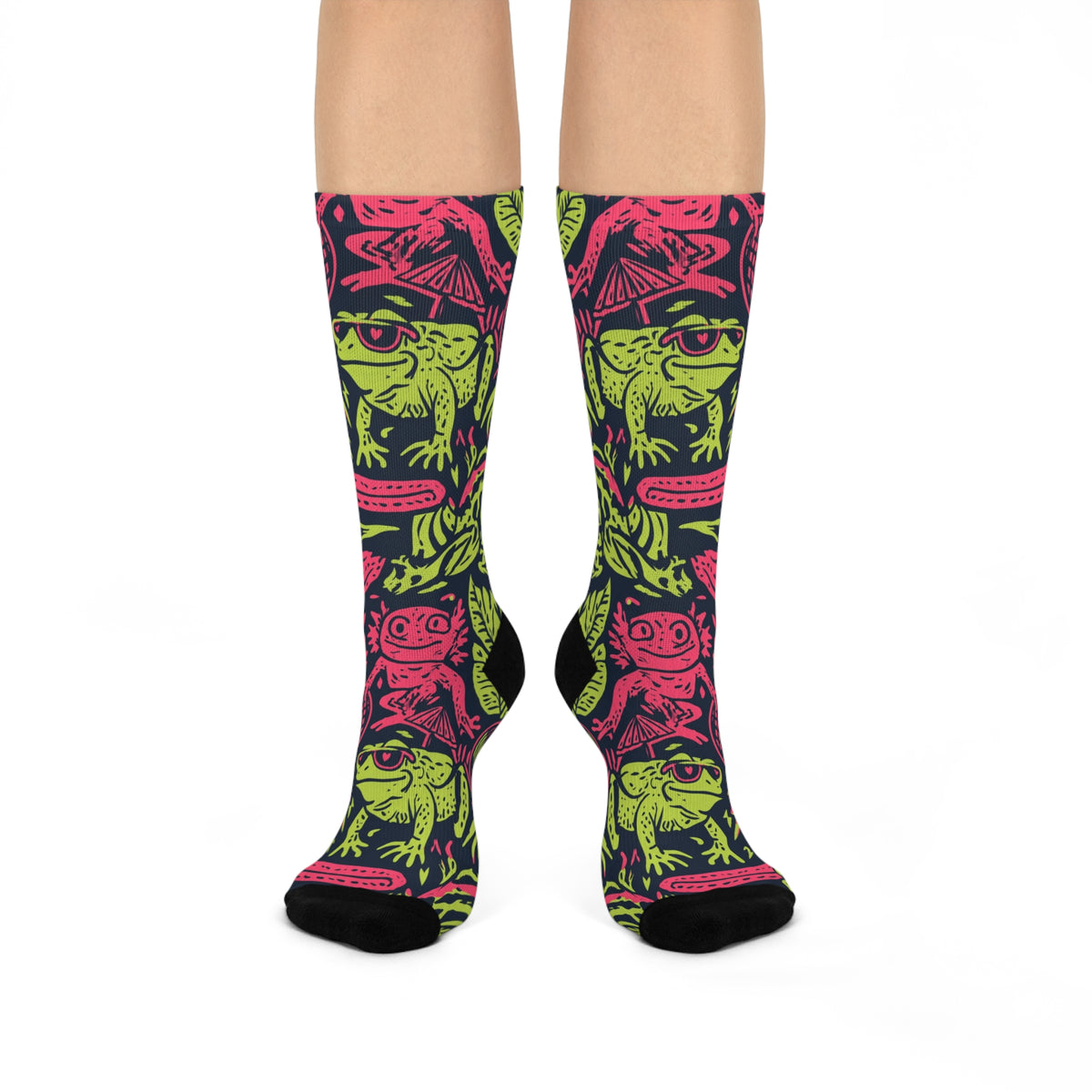 Neon Jungle Frog Crew Socks | Hot Pink Lime Amphibian Print