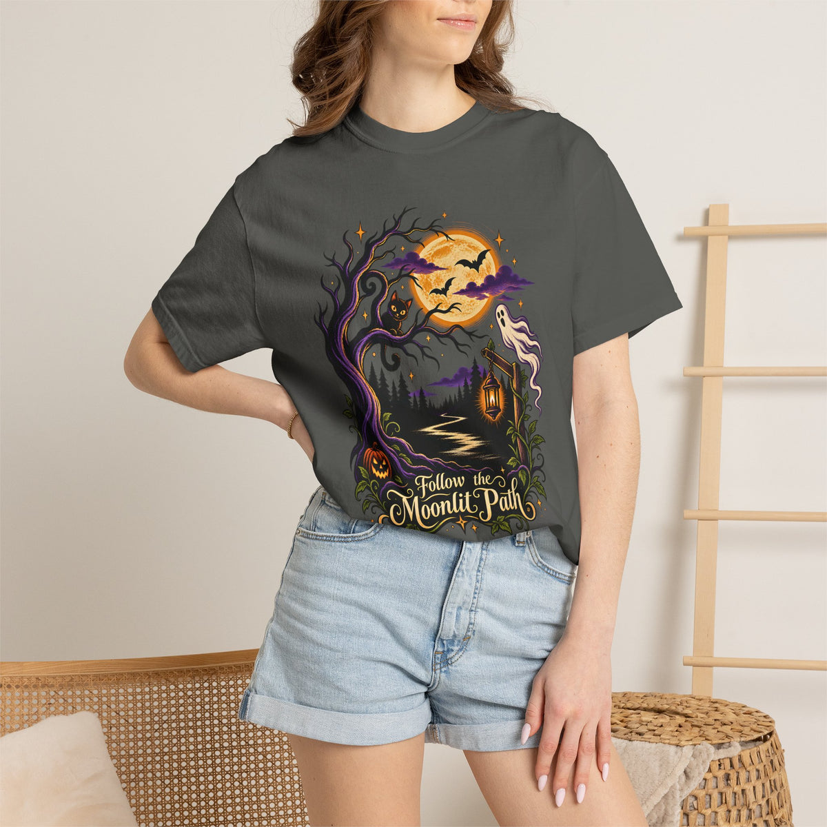 Halloween Shirt, Haunted Trail Tee, Moonlit Path Graphic, Spooky Ghost Black Cat Pumpkin Shirt, Comfort Colors 1717 Fall Tee