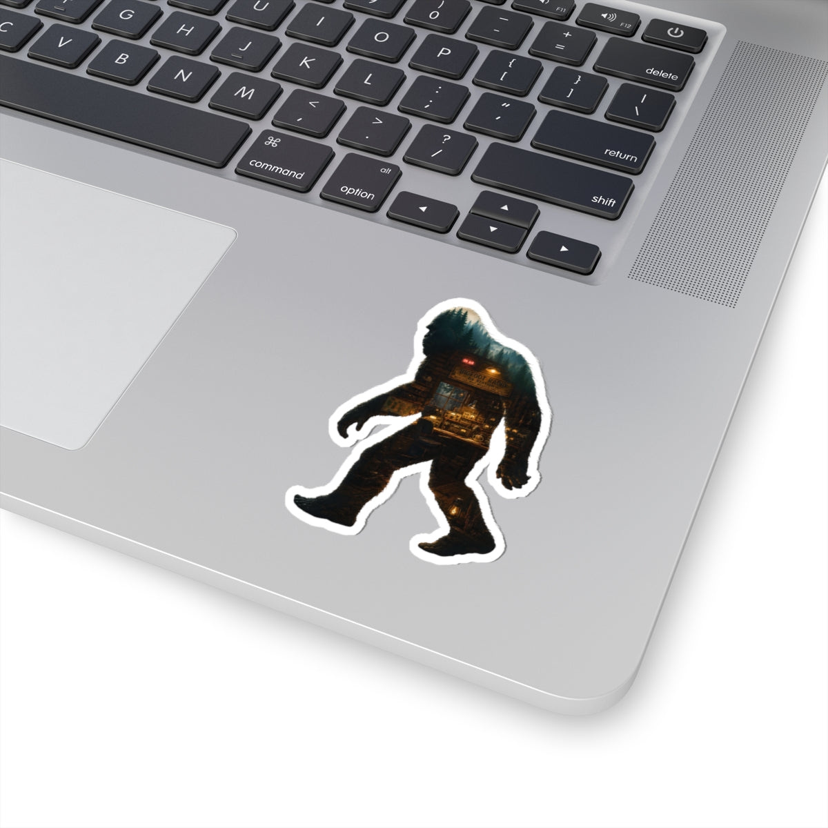 Bigfoot Silhouette Cabin Scene Sticker | Kiss-Cut Sticker