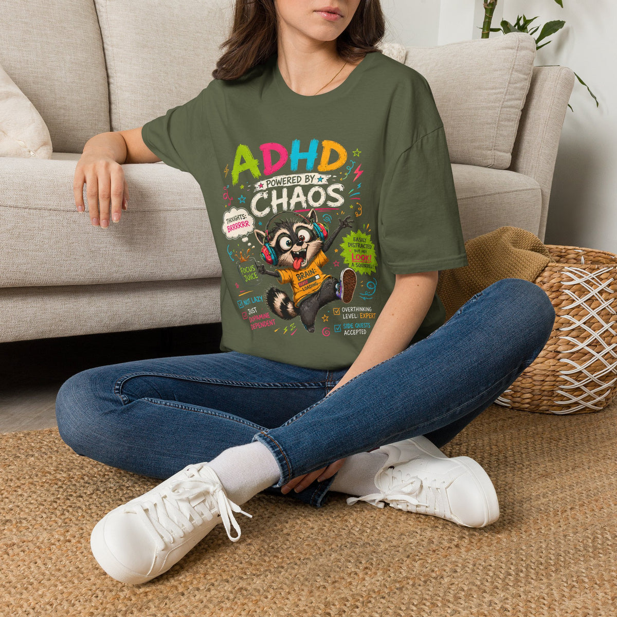 Funny ADHD Shirt for Adults, ADHD Raccoon Tee, Neurodivergent Gift, ADHD Humor Graphic Shirt, Powered by Chaos Tee