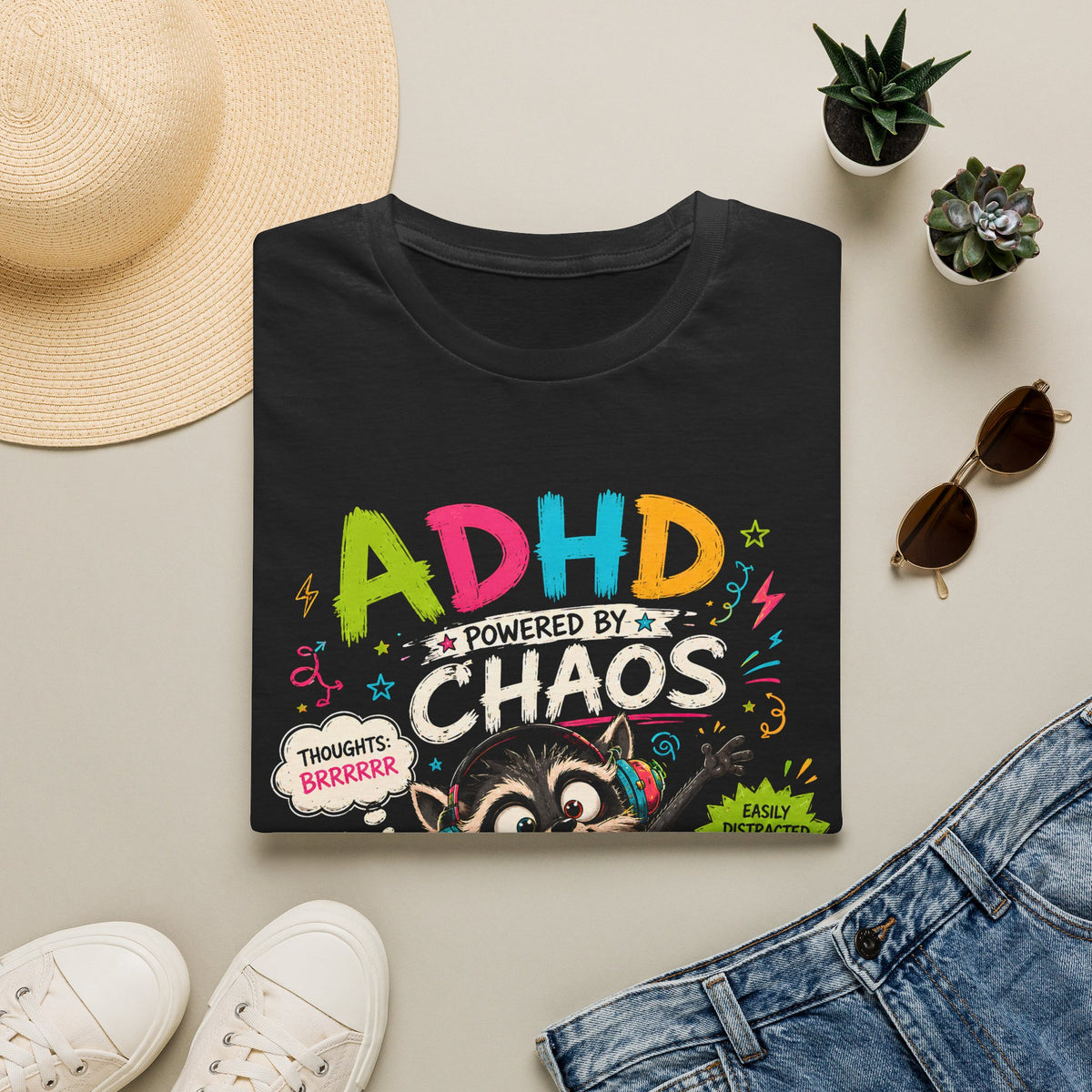 Funny ADHD Shirt for Adults, ADHD Raccoon Tee, Neurodivergent Gift, ADHD Humor Graphic Shirt, Powered by Chaos Tee