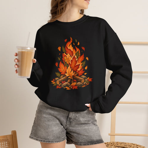 Autumn Leaf Bonfire Sweatshirt, Fall Leaves Campfire Crewneck, Cozy Fall Sweatshirt, Vintage Nature Shirt, Camping Pullover