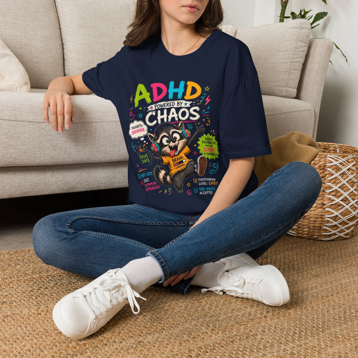 Funny ADHD Shirt for Adults, ADHD Raccoon Tee, Neurodivergent Gift, ADHD Humor Graphic Shirt, Powered by Chaos Tee