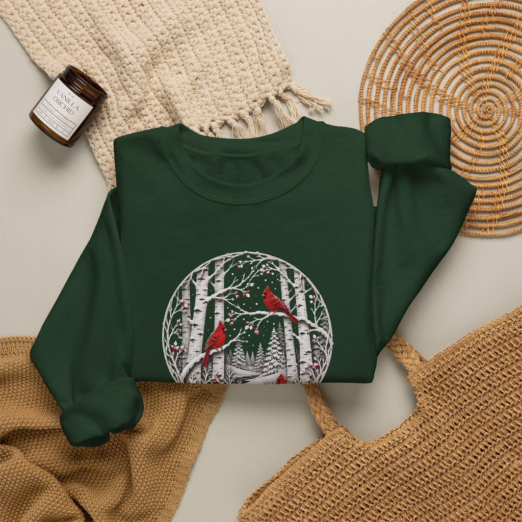Winter Cardinal Birch Tree Sweatshirt, Snowy Nature Crewneck, Cozy Bird Apparel