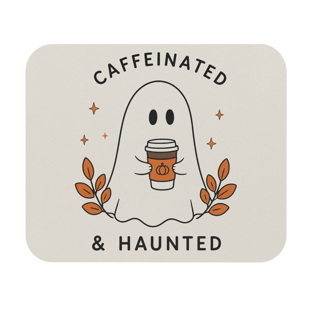 Caffeinated & Haunted Mouse Pad | Halloween Ghost Coffee Desk Mat