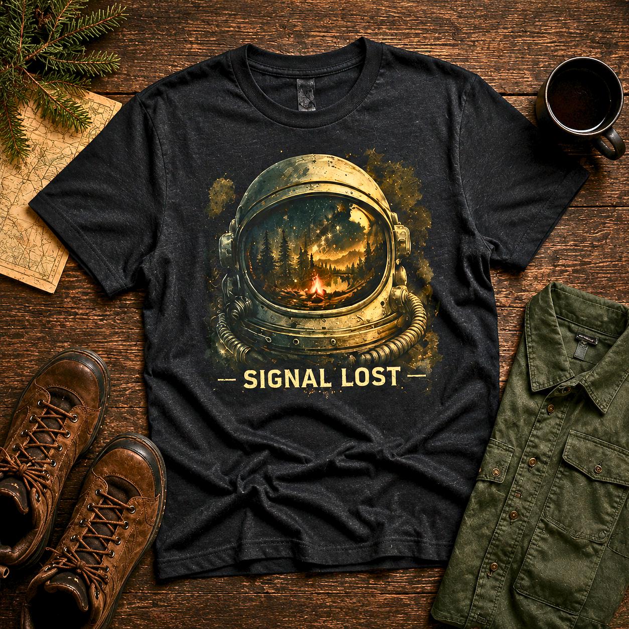 Signal Lost Astronaut Shirt, Cosmic Wilderness Campfire Graphic Tee