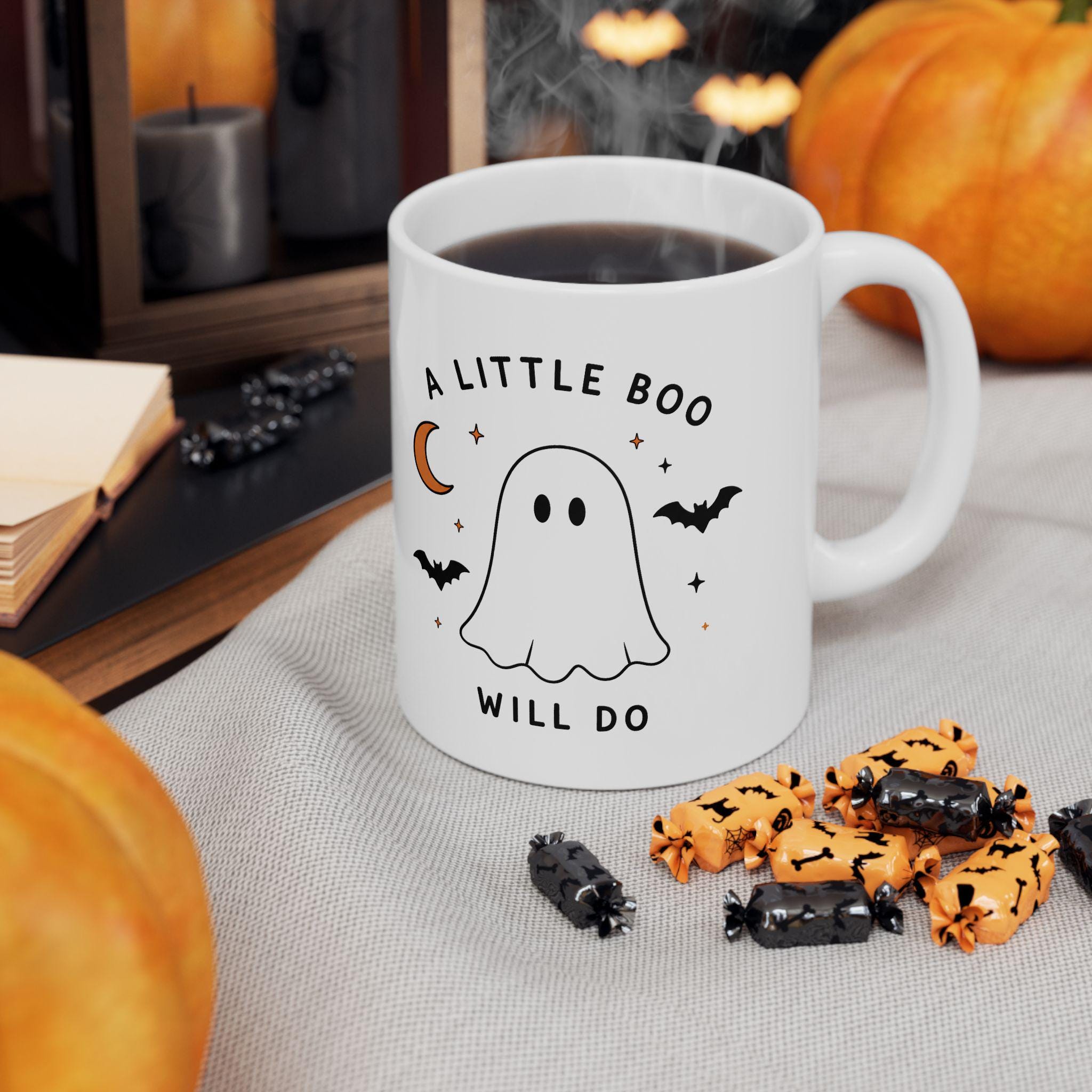 Ghost Halloween Ceramic Mug | Minimalist Spooky Bat Moon Design