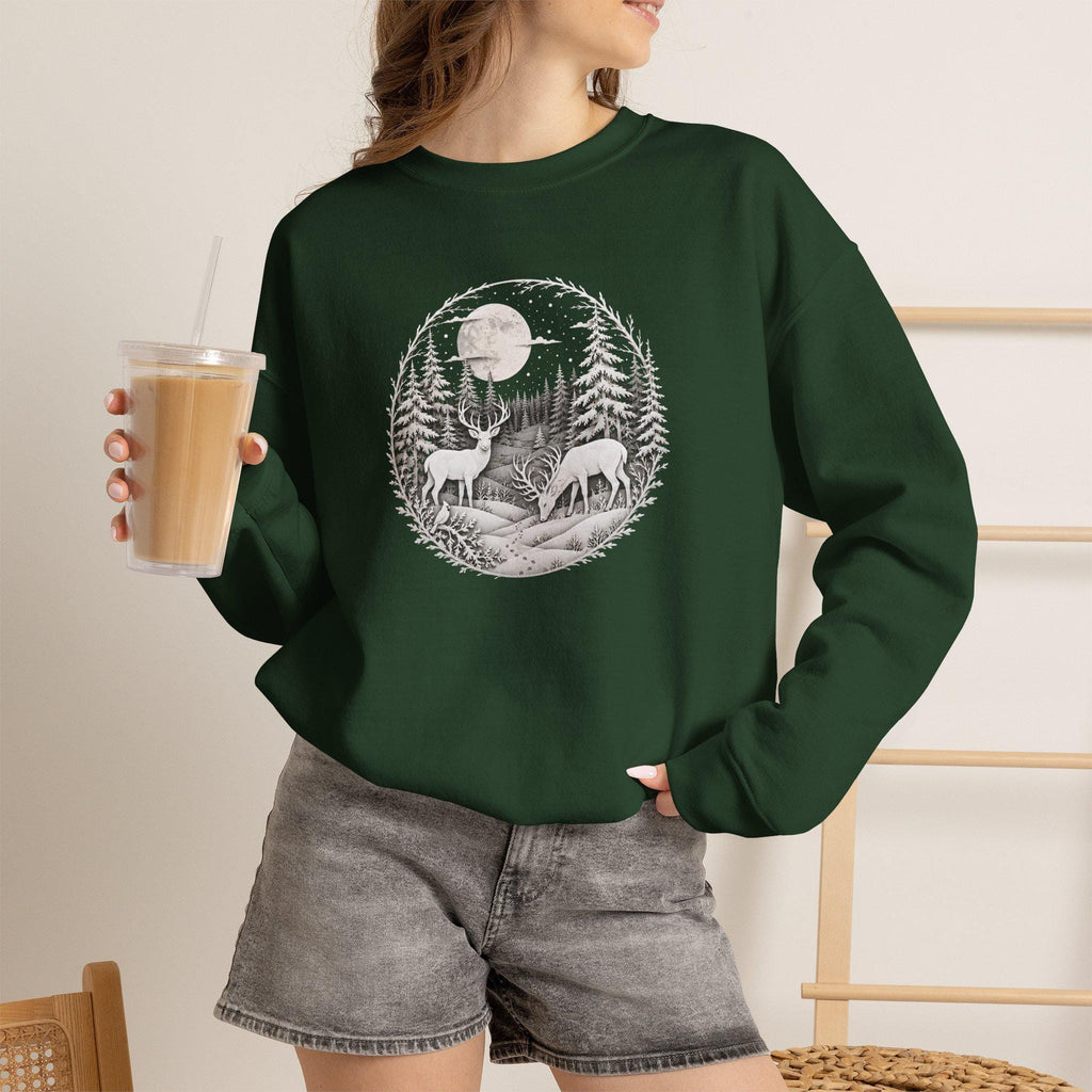 Moonlit Forest Deer Sweatshirt, Woodland Nature Crewneck, Winter Wildlife Apparel