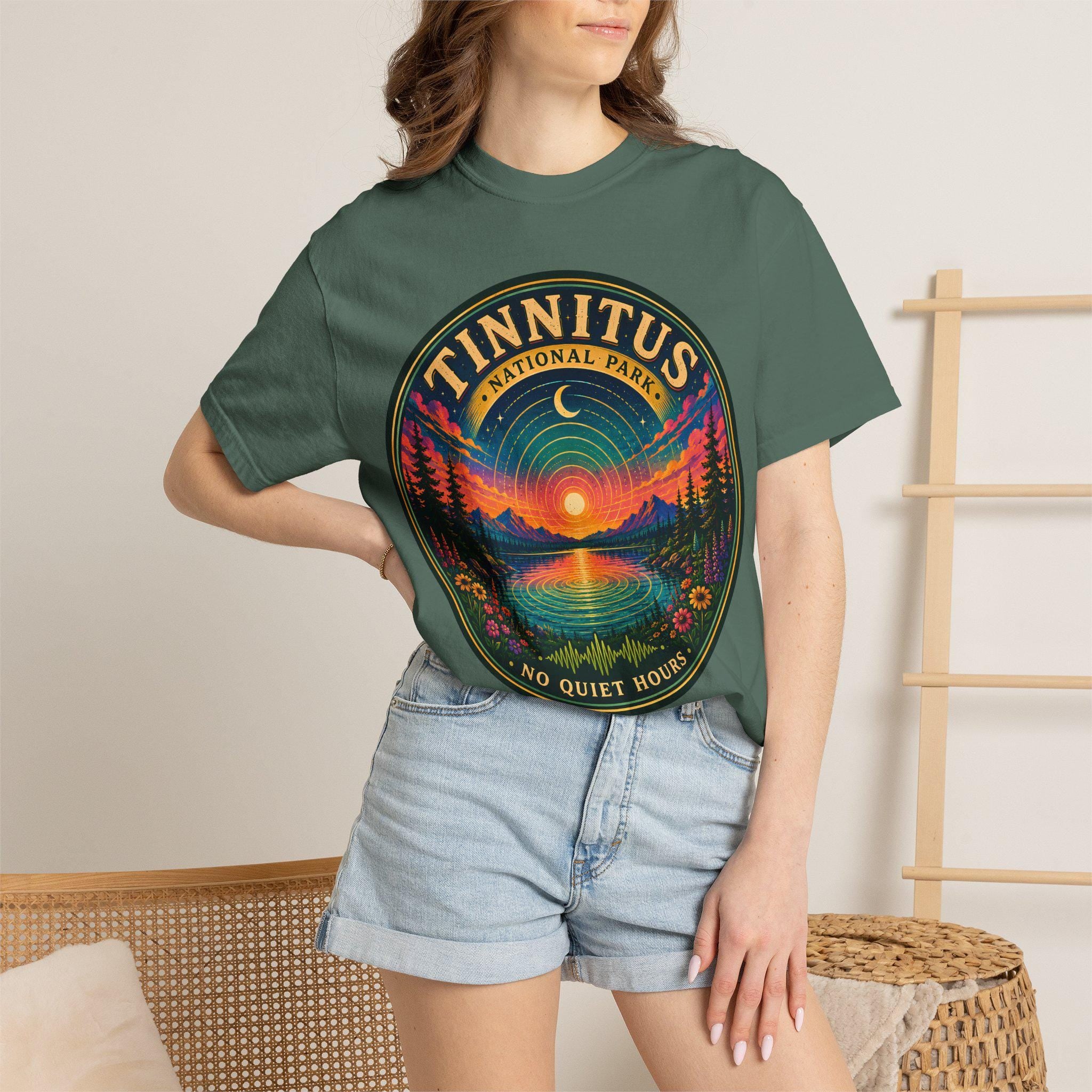 Tinnitus National Park badge sunset landscape T-shirt | No Quiet Hours graphic tee