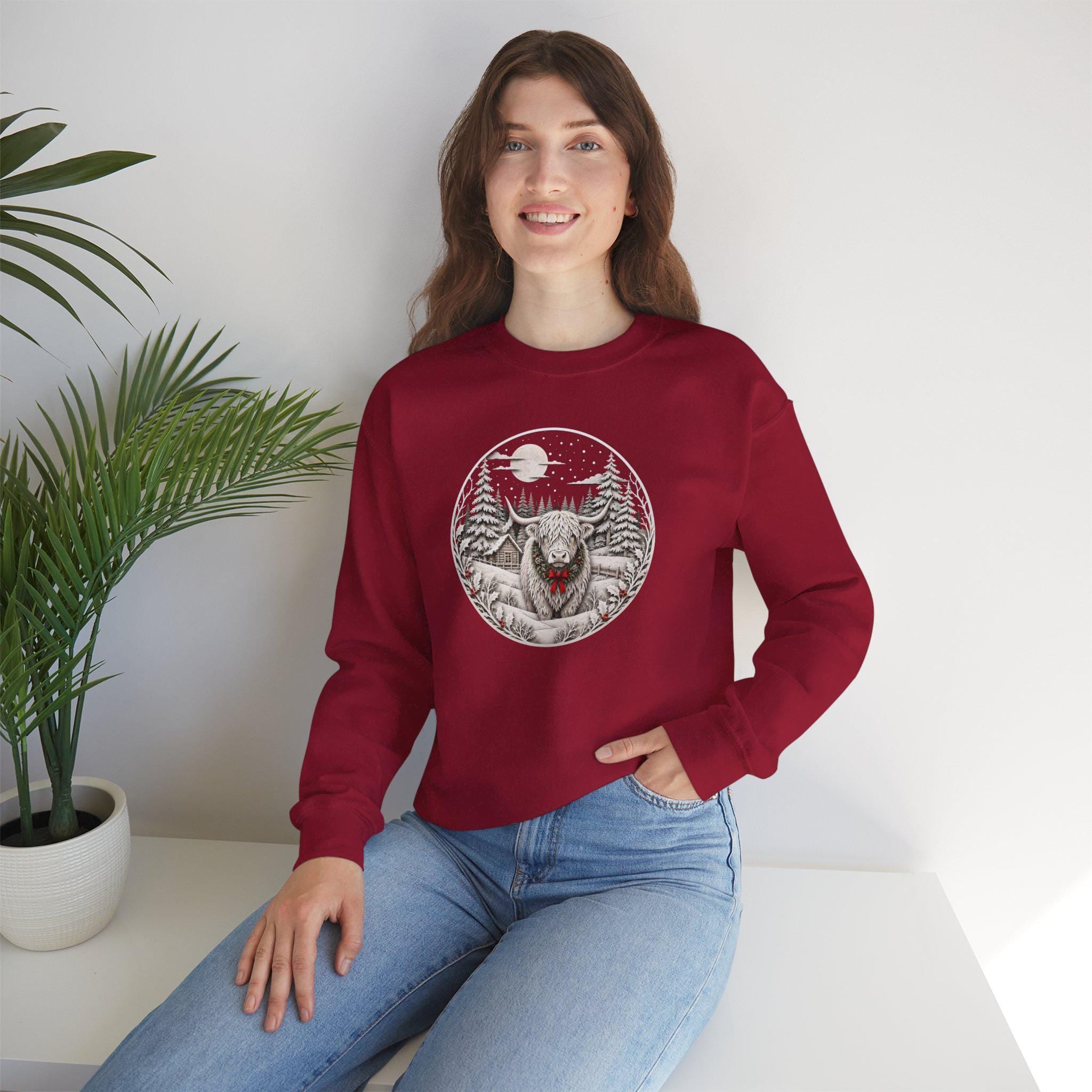 Winter Highland Cow Crewneck Sweatshirt, Rustic Christmas Scene, Cozy Farmhouse Style