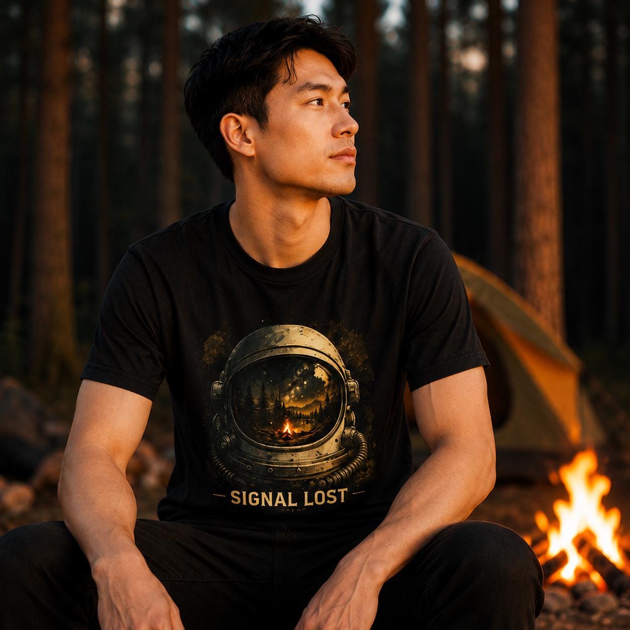 Signal Lost Astronaut Shirt, Cosmic Wilderness Campfire Graphic Tee