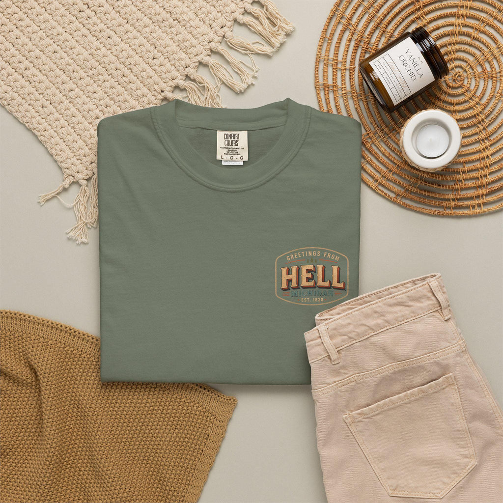 Greetings From Hell Michigan Postcard Shirt | Vintage Travel Souvenir Tee