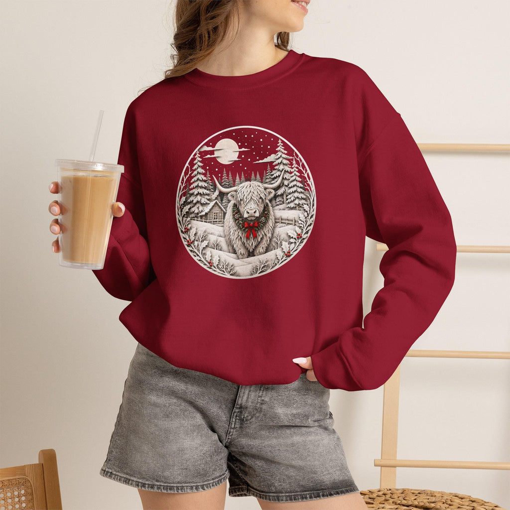 Winter Highland Cow Crewneck Sweatshirt, Rustic Christmas Scene, Cozy Farmhouse Style