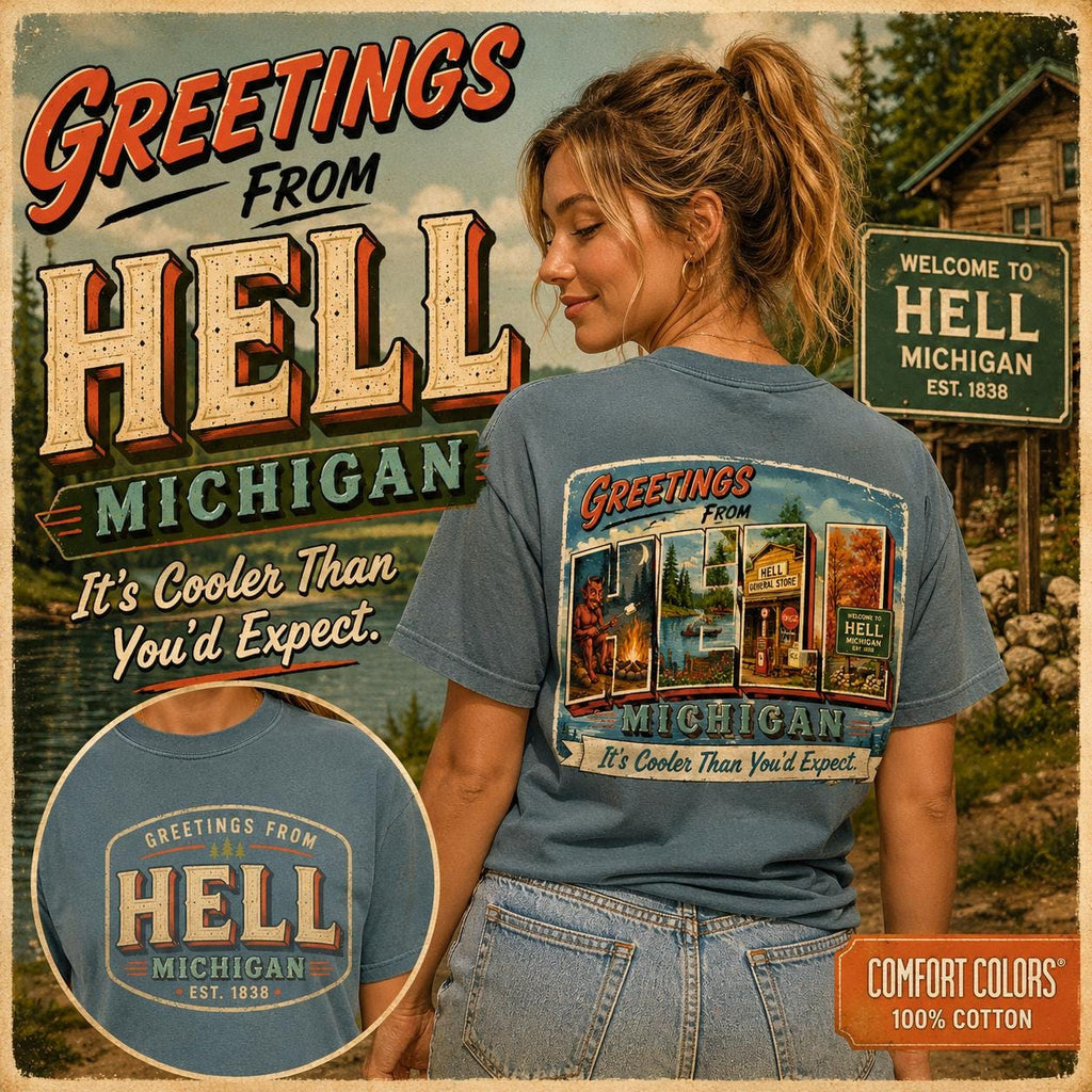 Greetings From Hell Michigan Postcard Shirt | Vintage Travel Souvenir Tee