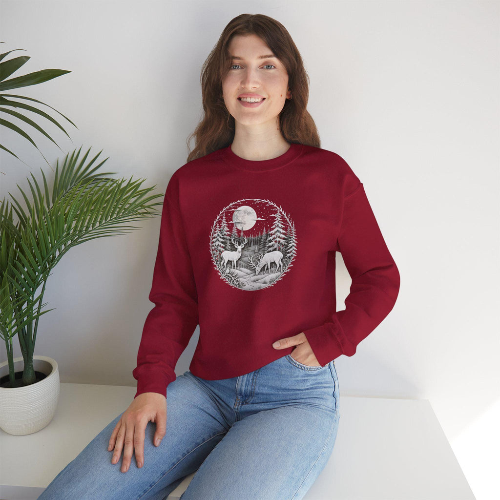Moonlit Forest Deer Sweatshirt, Woodland Nature Crewneck, Winter Wildlife Apparel