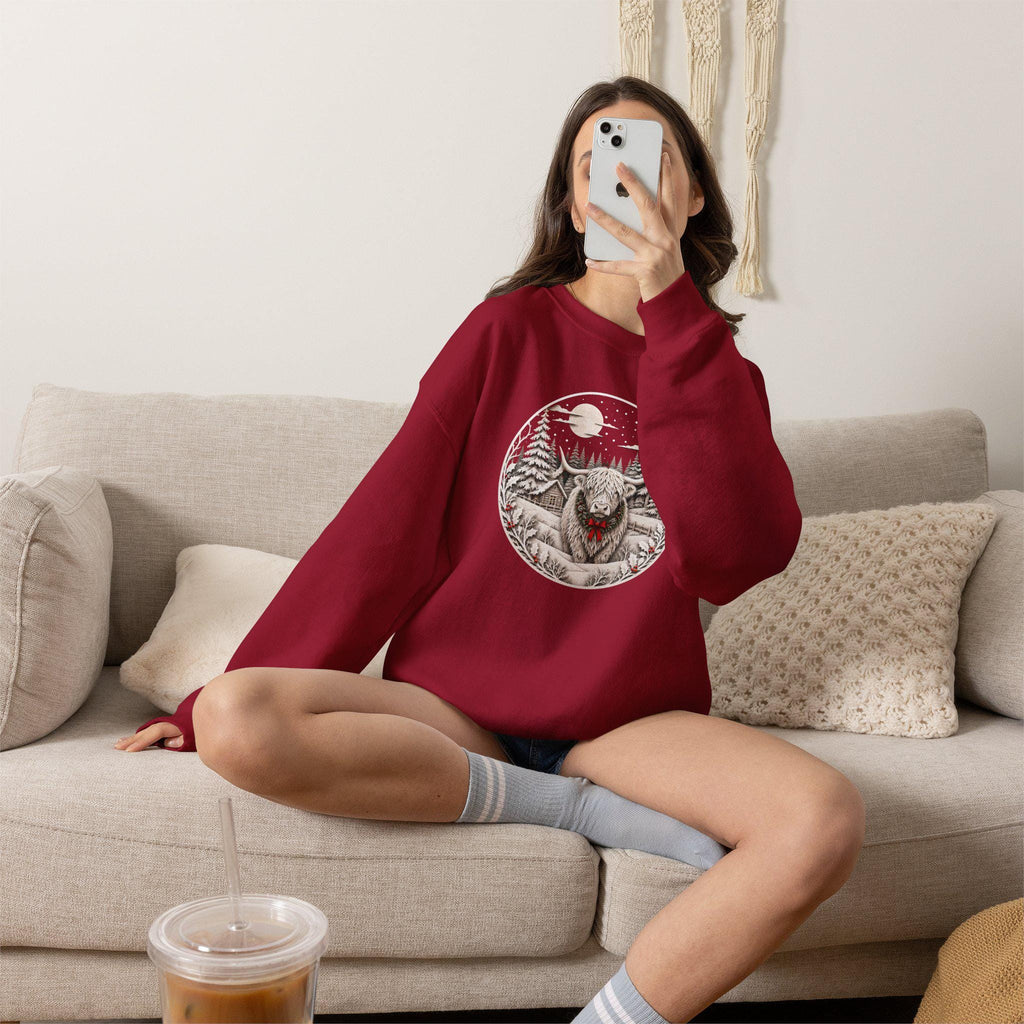 Winter Highland Cow Crewneck Sweatshirt, Rustic Christmas Scene, Cozy Farmhouse Style