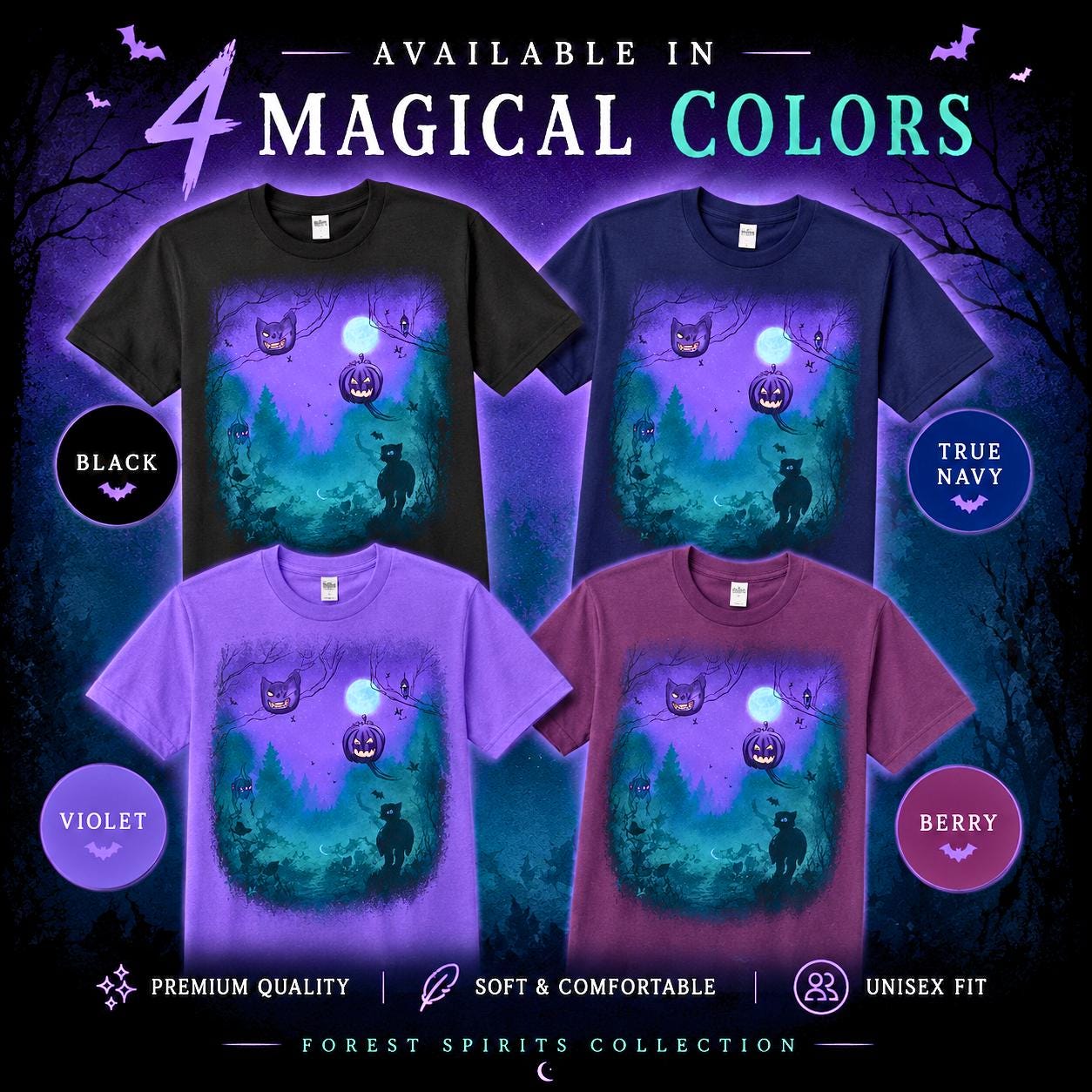 Spooky Jack-o'-Lantern Night T-shirt | Halloween Cat Moon Forest
