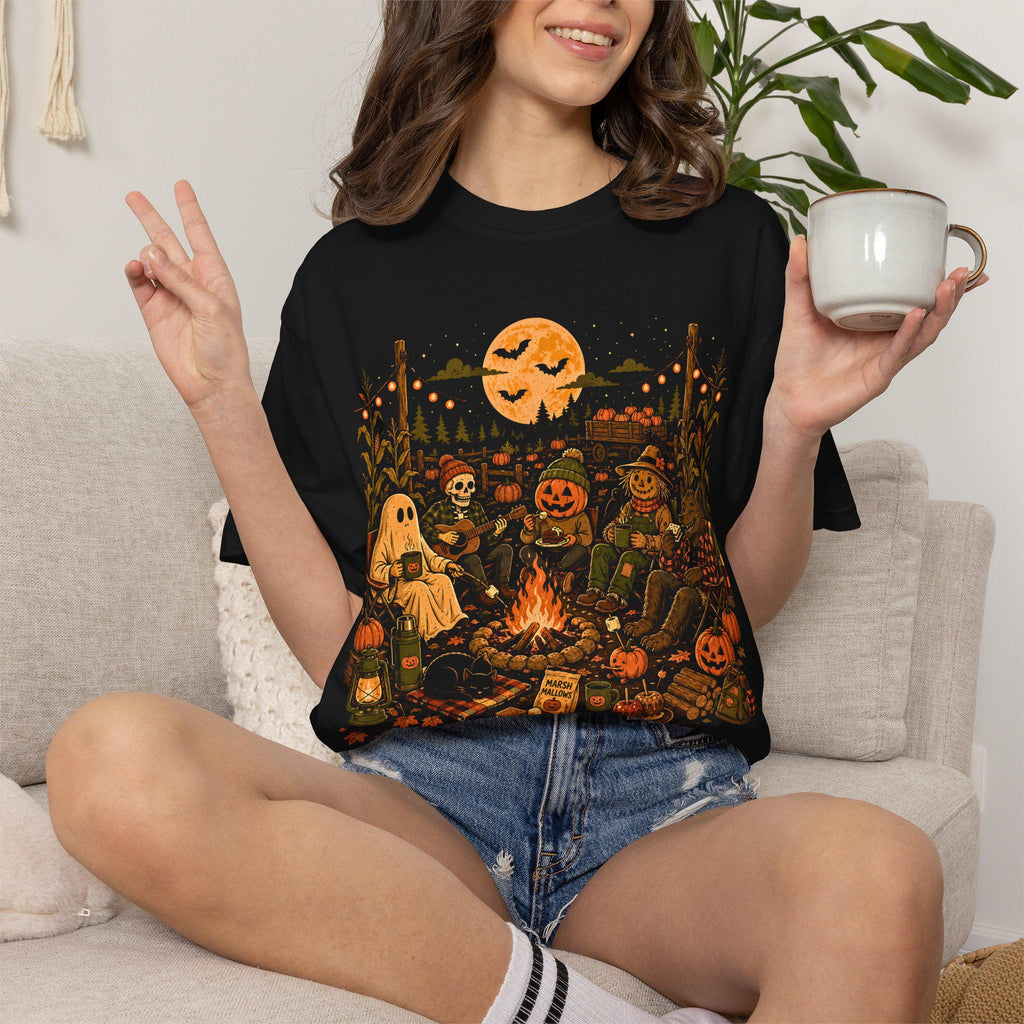 Halloween Campfire Scene T-shirt | Pumpkin, Ghosts, Scarecrow, Jack-O'-Lanterns