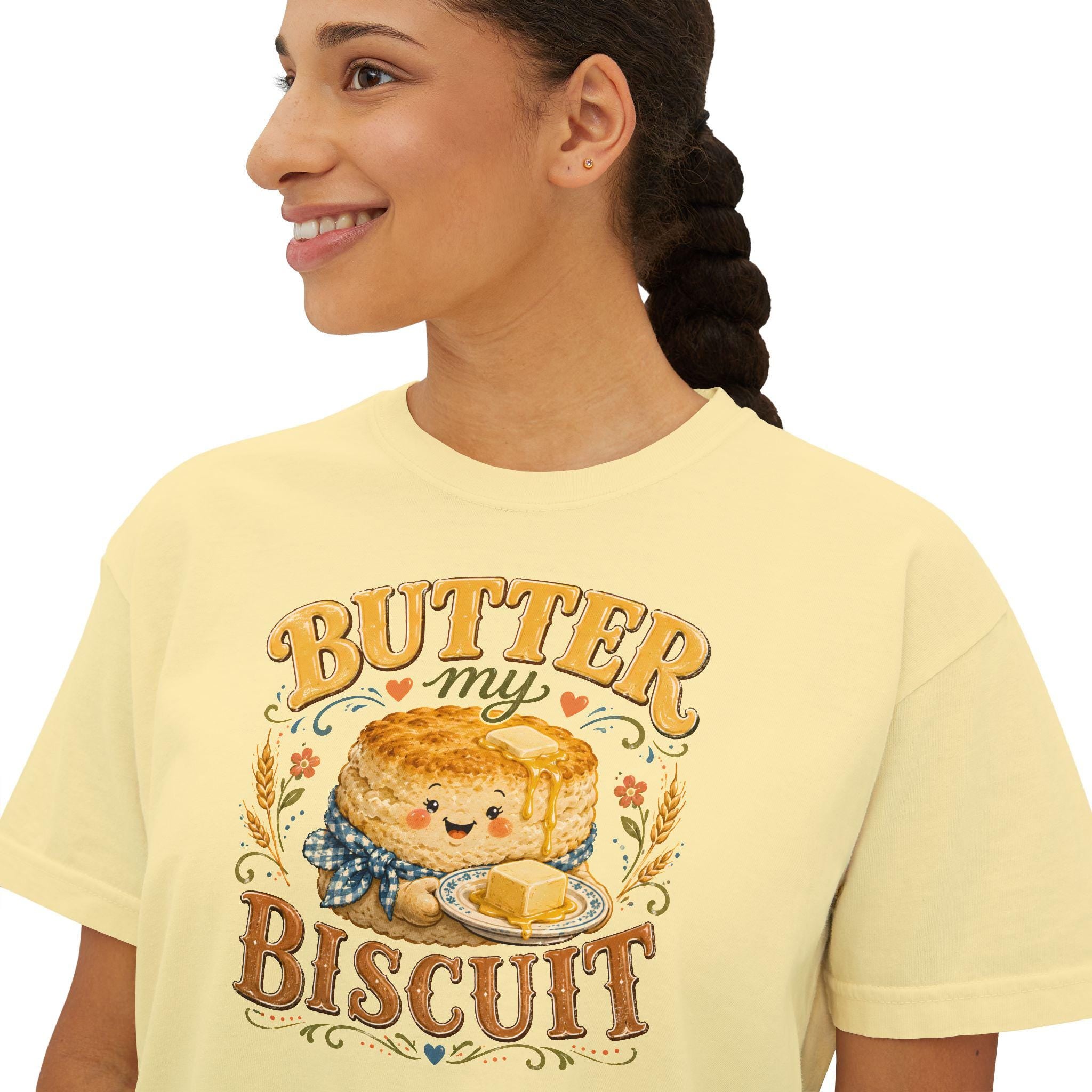 Butter My Biscuit Tee | Retro Smiling Biscuit Character Boxy Top