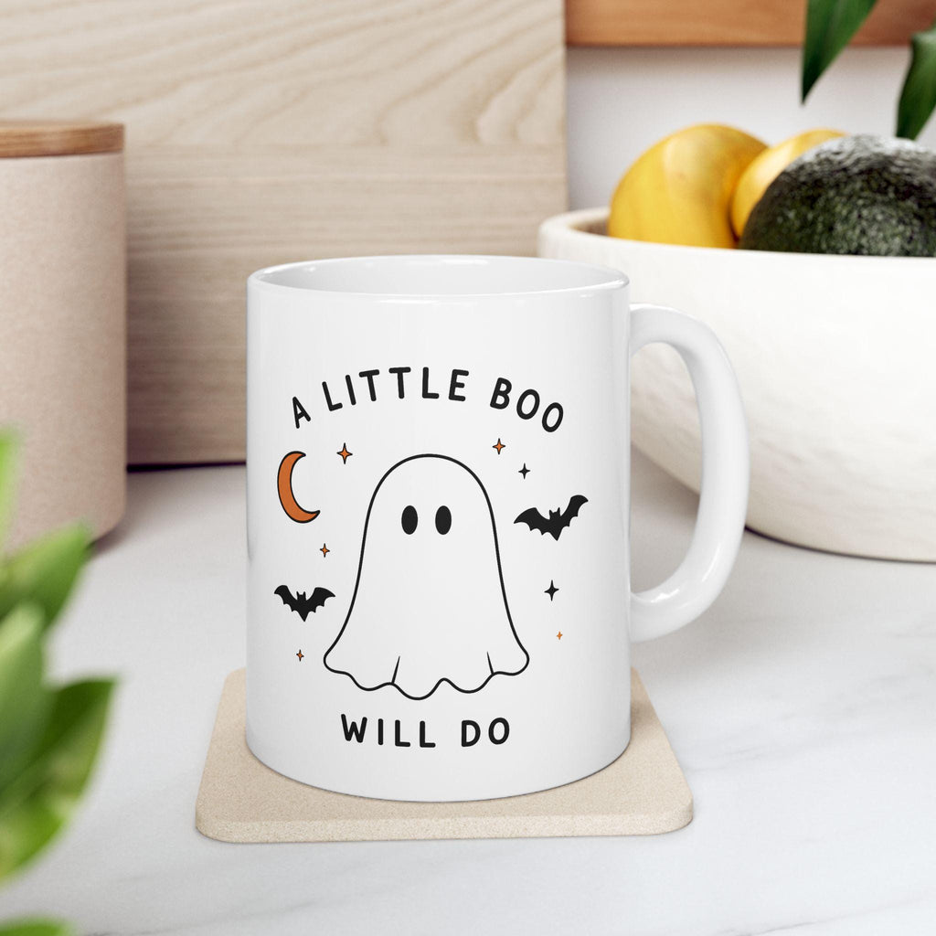 Ghost Halloween Ceramic Mug | Minimalist Spooky Bat Moon Design