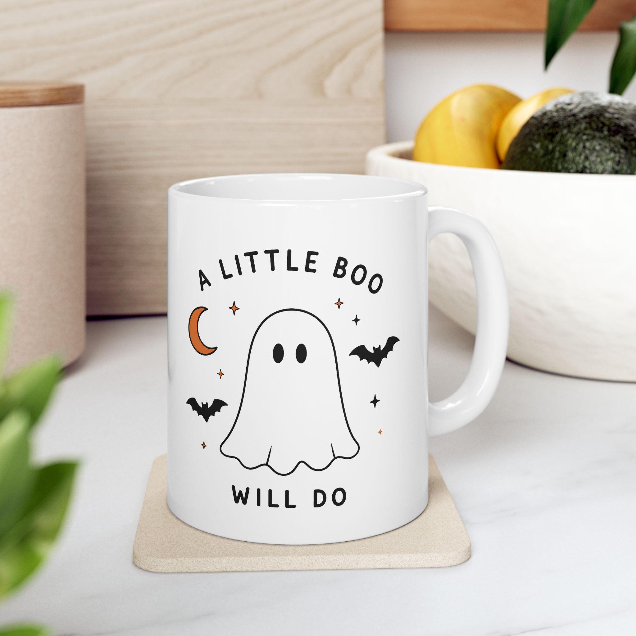 Ghost Halloween Ceramic Mug | Minimalist Spooky Bat Moon Design