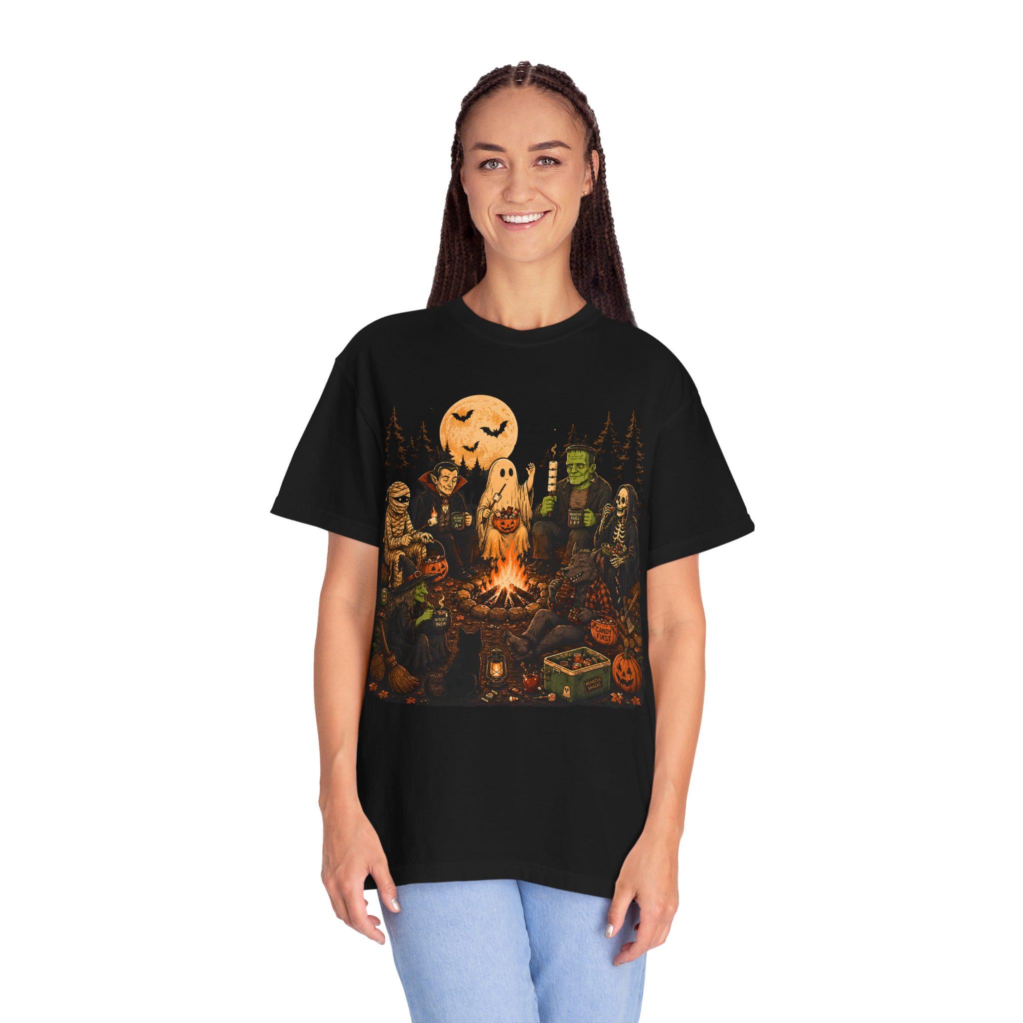 Monster Campfire Scene T-shirt | Halloween Haunted Pumpkin Night